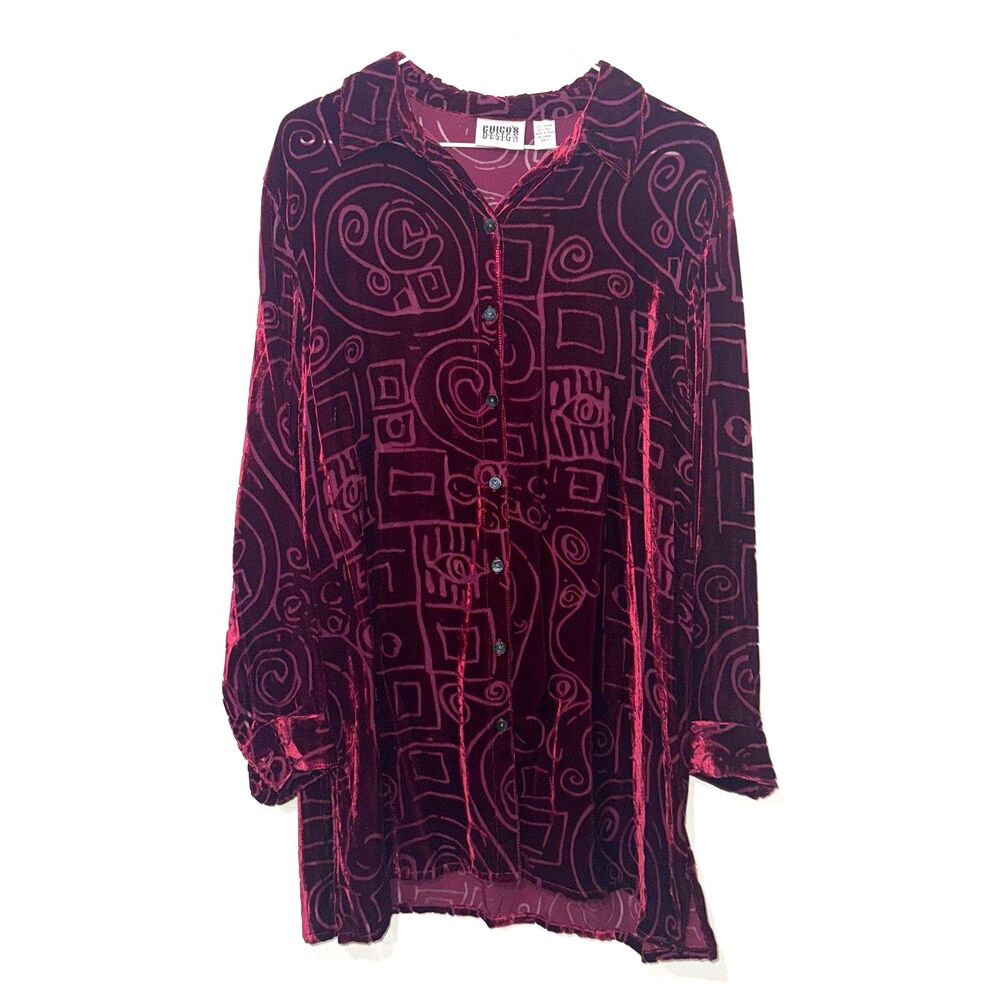 Vintage Chico's Velvet Burnout Button Down Tunic Top - Burgundy 1/M